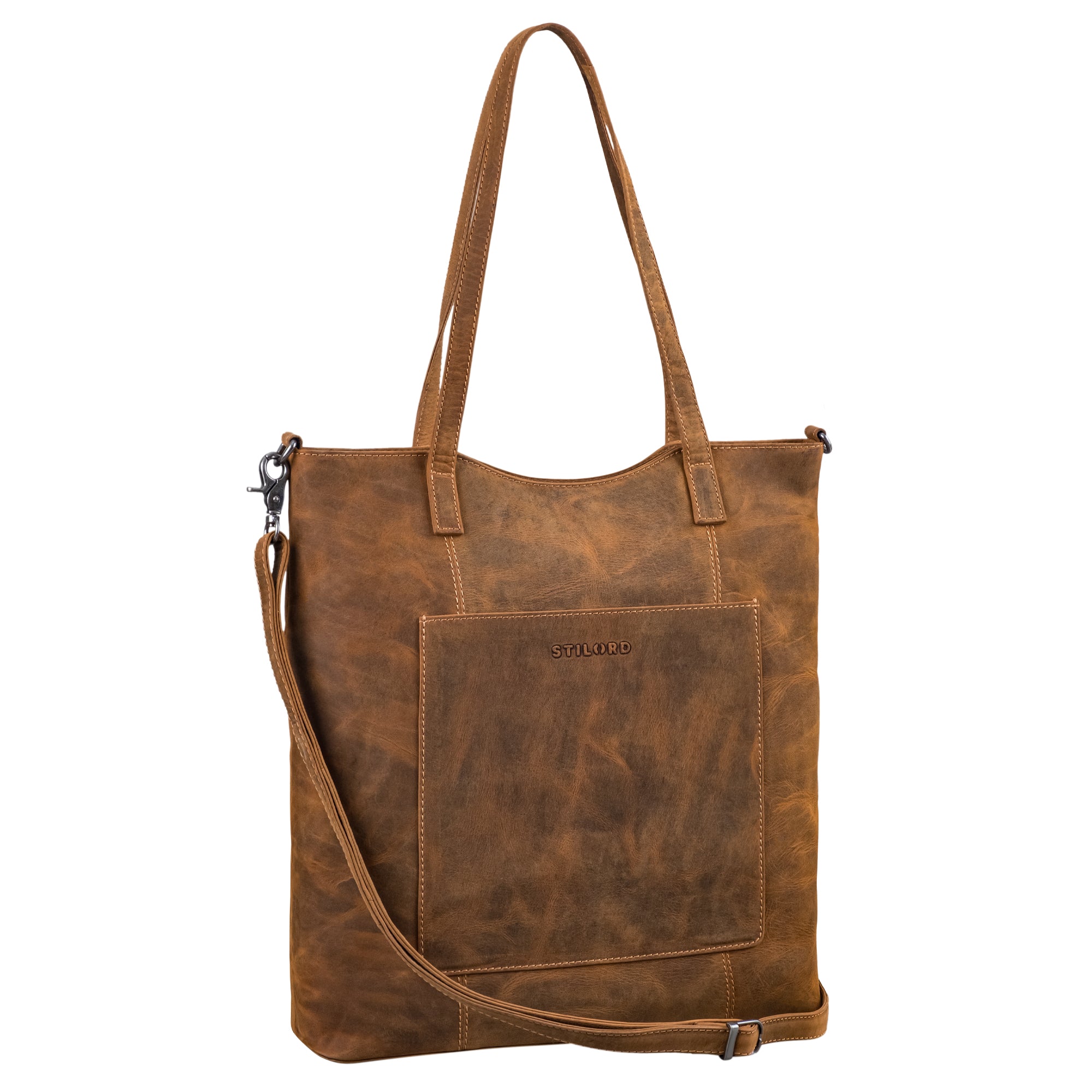 Großer Shopper Damen mit abnehmbaren Schultergurt aus Rauleder Cognac braun