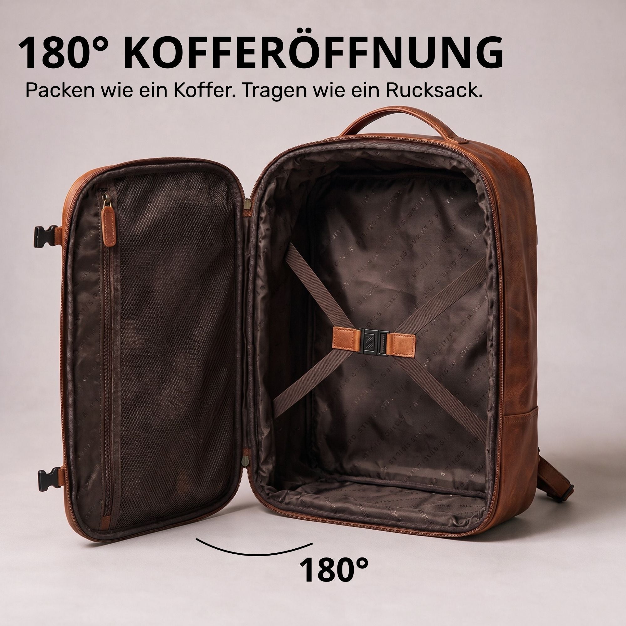 Offener cognacfarbener Rucksack aus Leder mit 180° Kofferöffnung, Innenraum mit Kreuzspanngurten und Reißverschlussfach