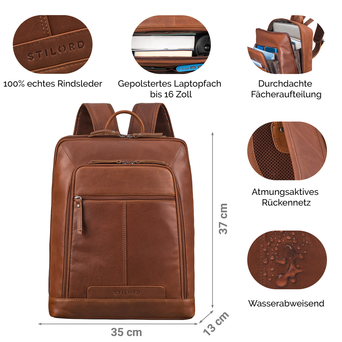 echtleder herrenrucksack laptopfach braun