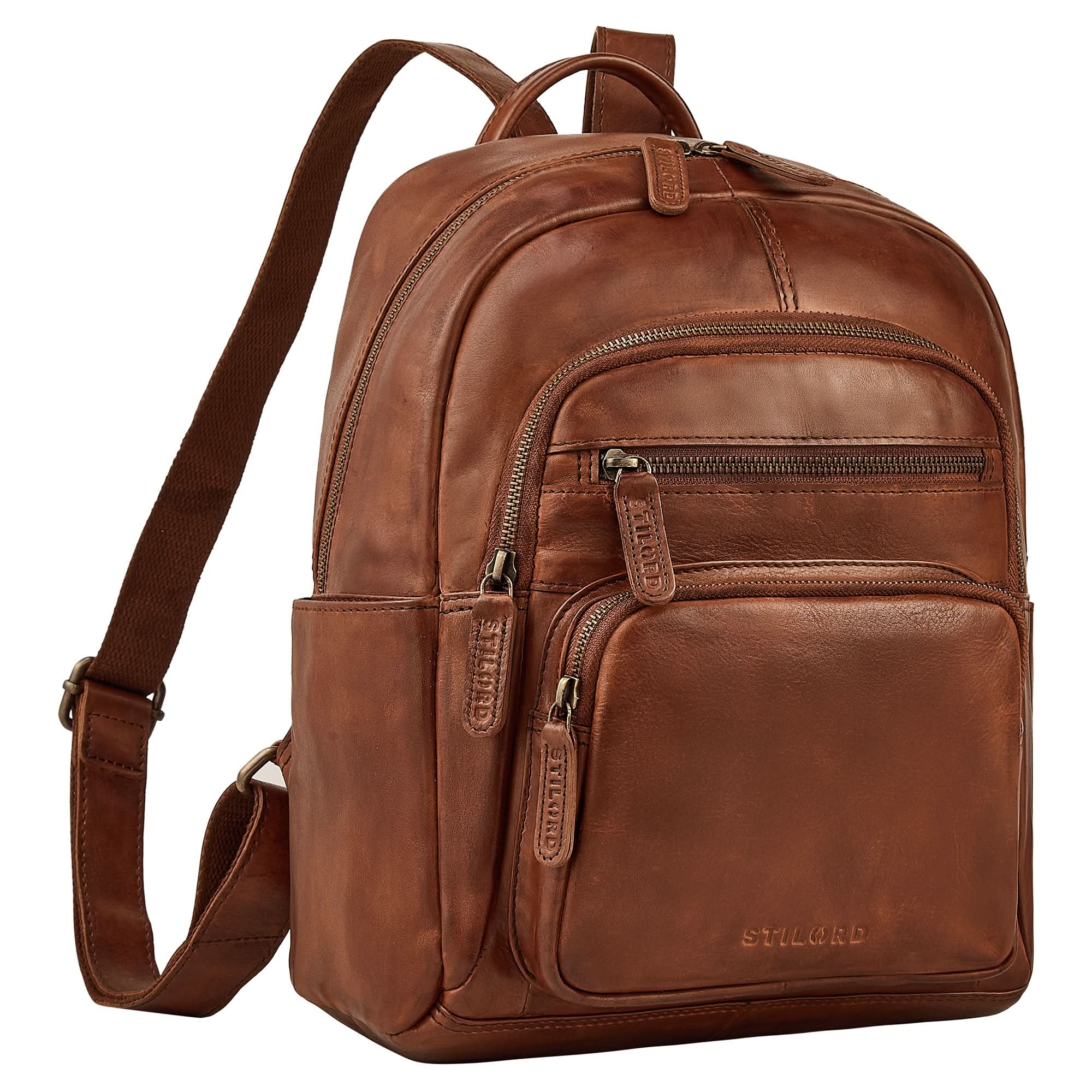 City Rucksack Damen Leder Klein Lederrucksack Cognac für 13 Zoll