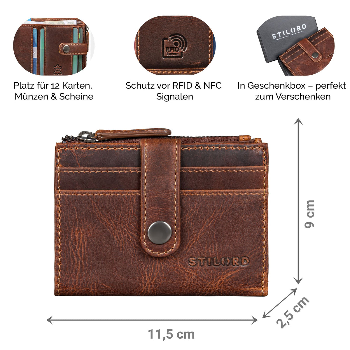 leder kartenetui mit münzfach damen cognac