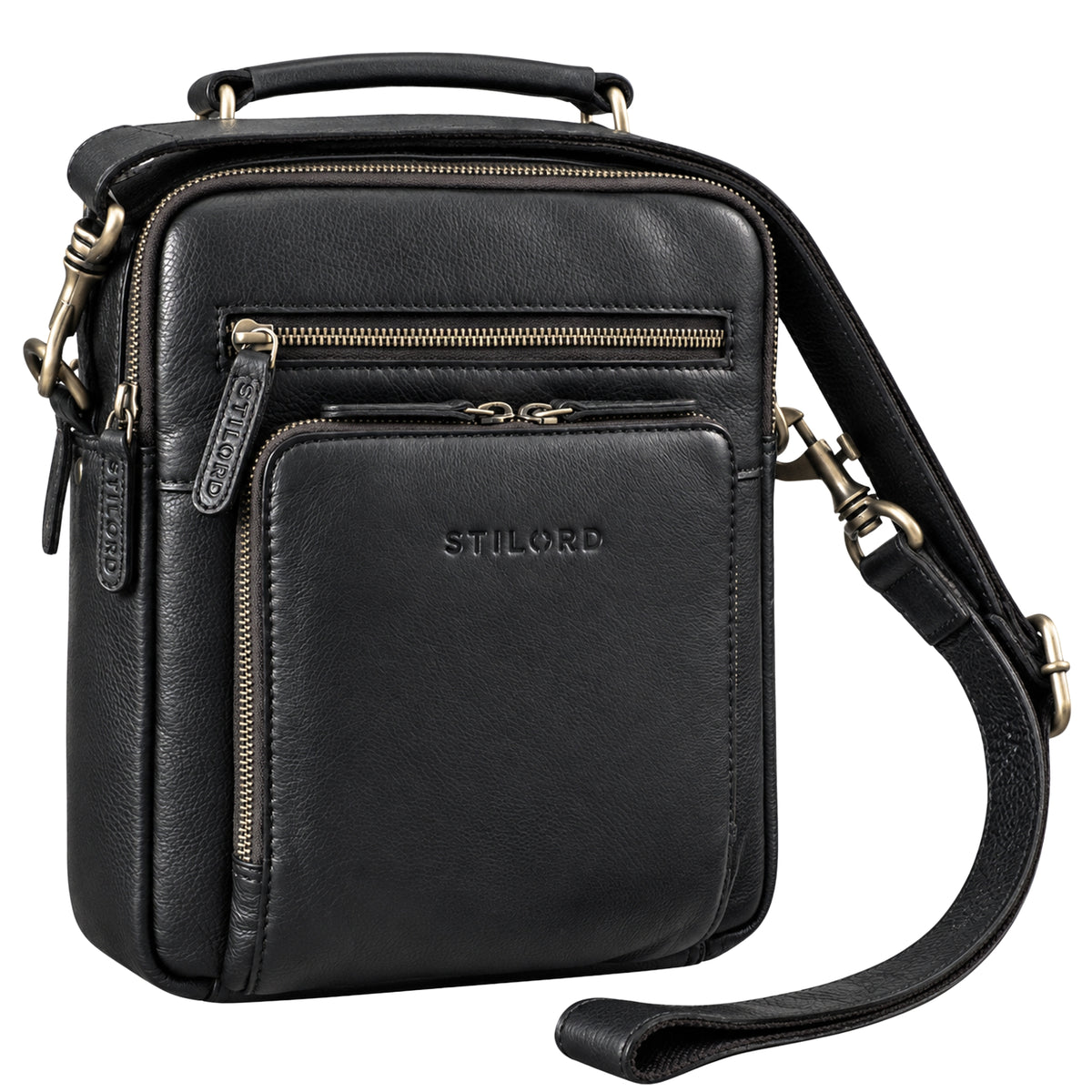 Kleine schwarze Umhängetasche aus Leder mit Henkel und verstellbarem Gurt, passend für 10,1 Zoll Tablet, STILORD-Prägung