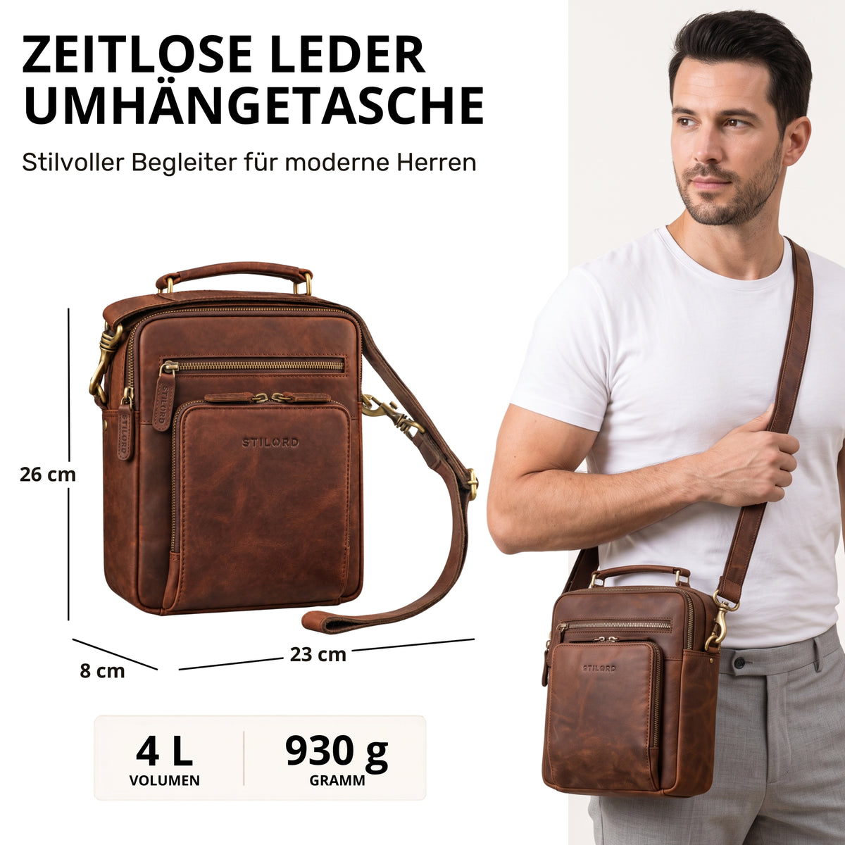 Kleine Leder-Umhängetasche Zamora braun mit Henkel, Fronttasche und STILORD-Prägung, Maße 23×26×8 cm, Mann trägt sie lässig