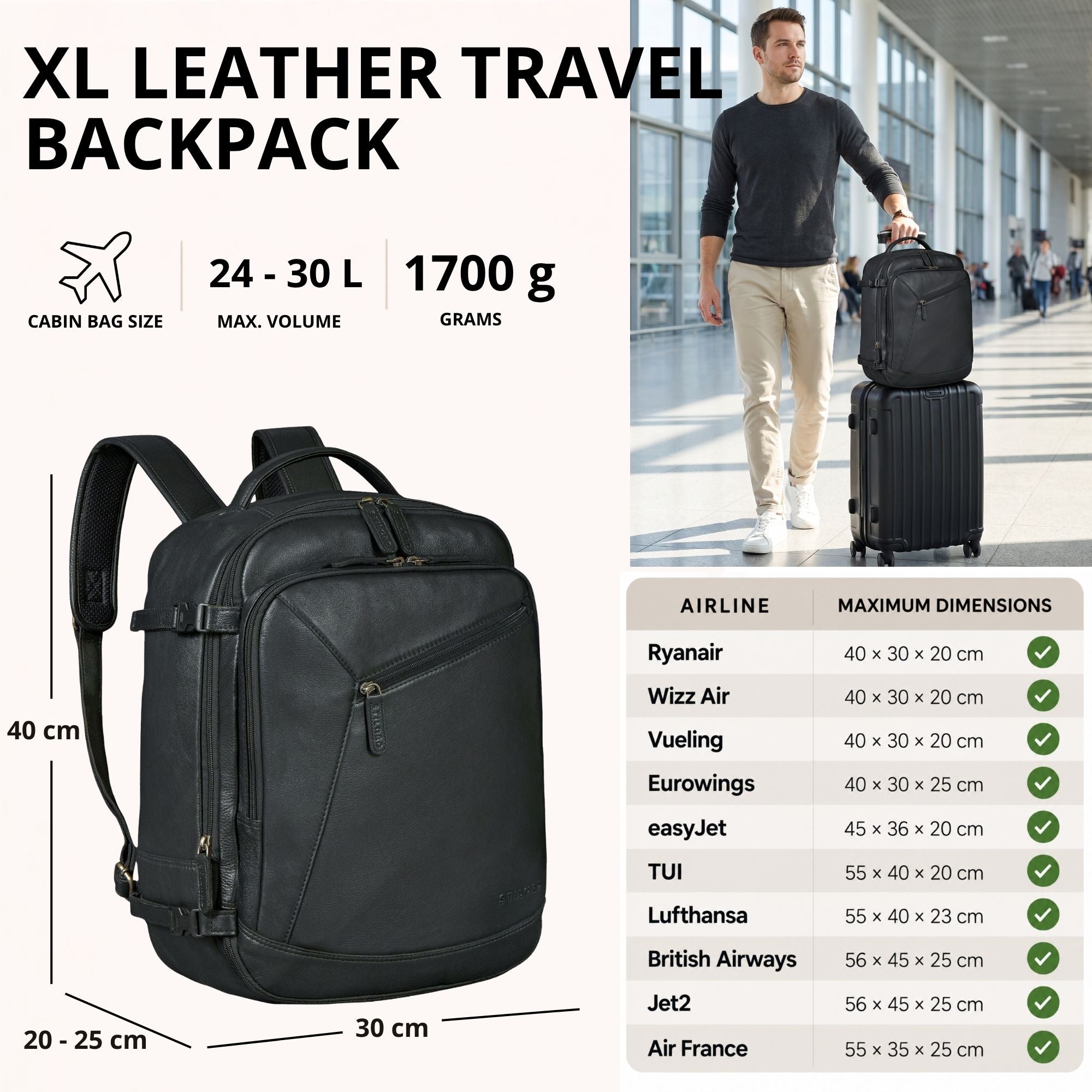 Schwarzer XL-Leder-Reiserucksack, Dreiviertelansicht; rechts Mann im Flughafen mit Rollkoffer