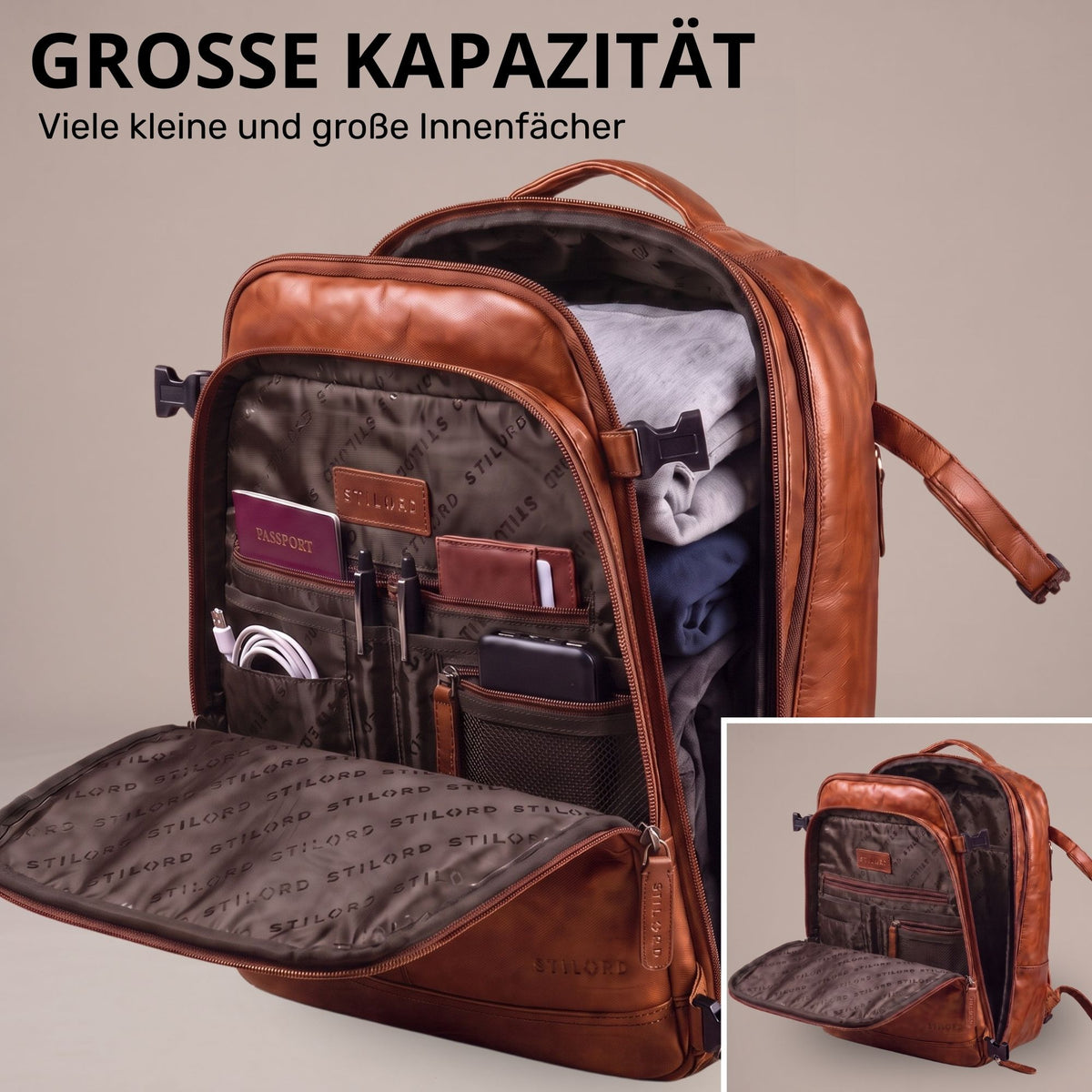 Offener Reiserucksack aus cognacfarbenem Leder, Frontfach mit Organizern, gepacktes Innenfach sichtbar