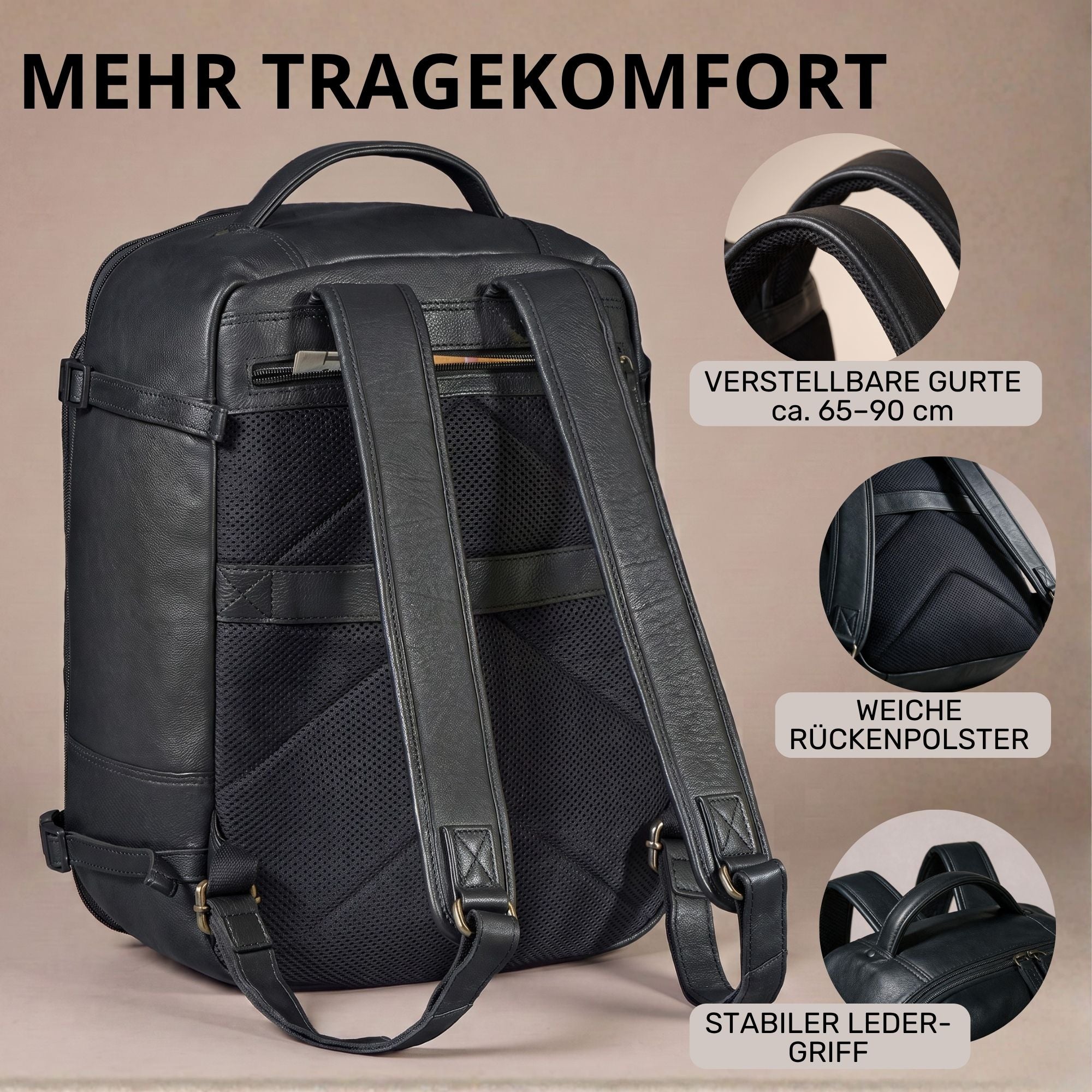 schwarzer Leder-Rucksack, Rückansicht mit gepolsterten Trägern, verstellbaren Gurten und stabilem Ledergriff