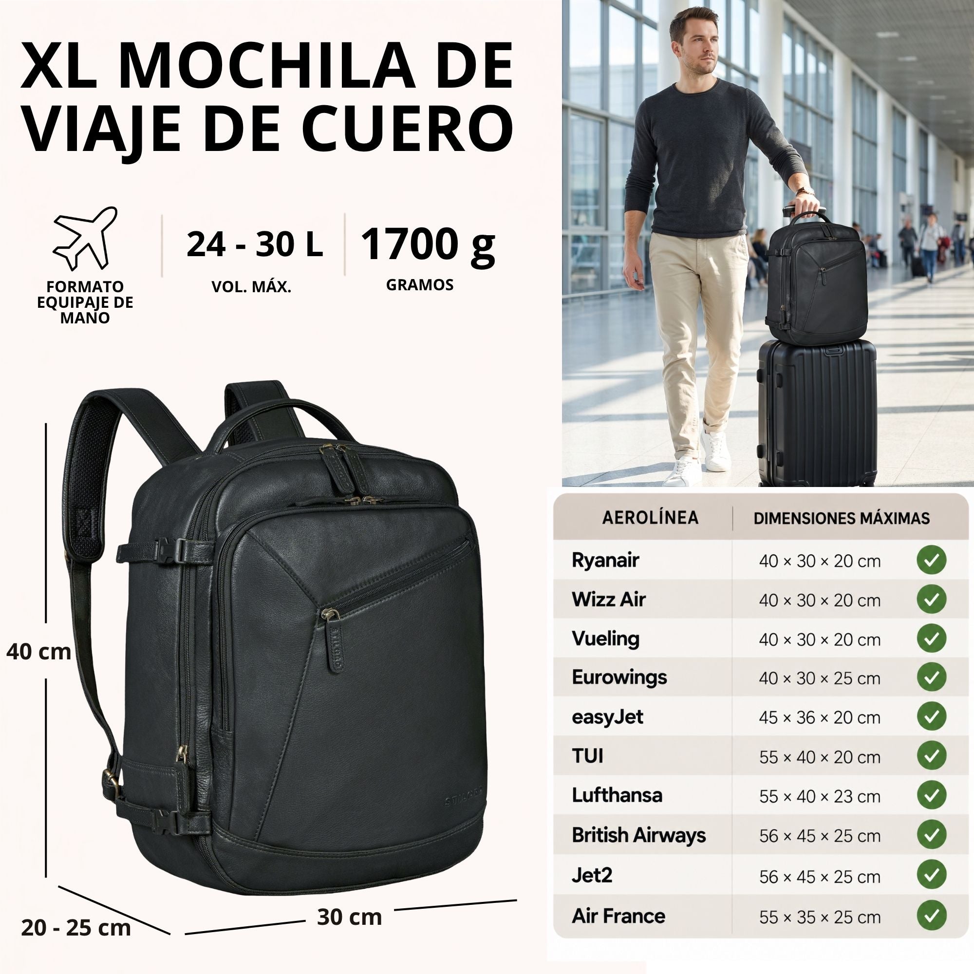XL Reise-Rucksack aus schwarzem Leder, Vorder- und Seitenansicht mit Maßen, Mann mit Koffer im Flughafen