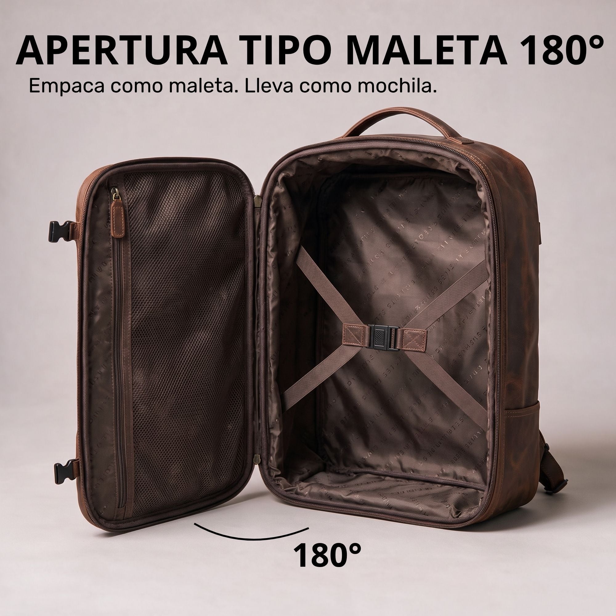 Offener Lederrucksack zamora (braun), 180° Kofferöffnung, Innenraum mit Kreuzspanngurt und Reißverschlussfach