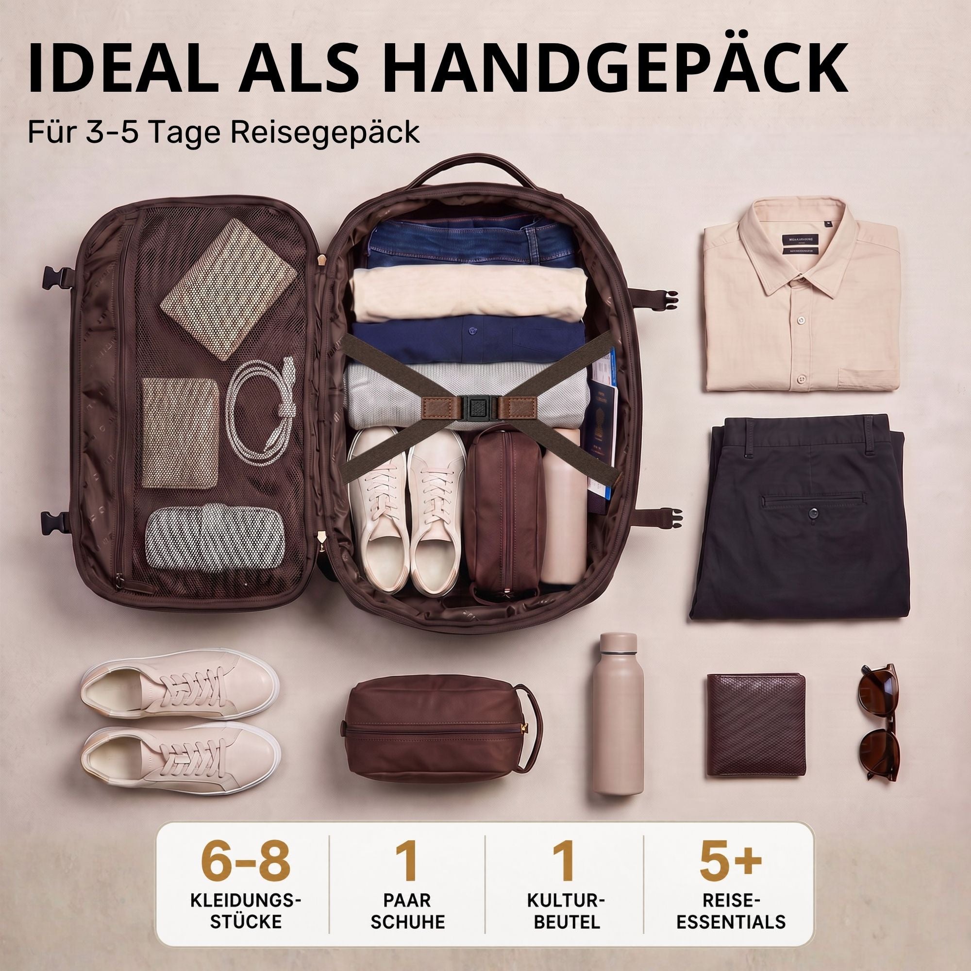 Offener brauner Echtleder-Reiserucksack, Draufsicht, organisiert mit Kleidung, Sneakers, Kulturbeutel, Flasche und Accessoires
