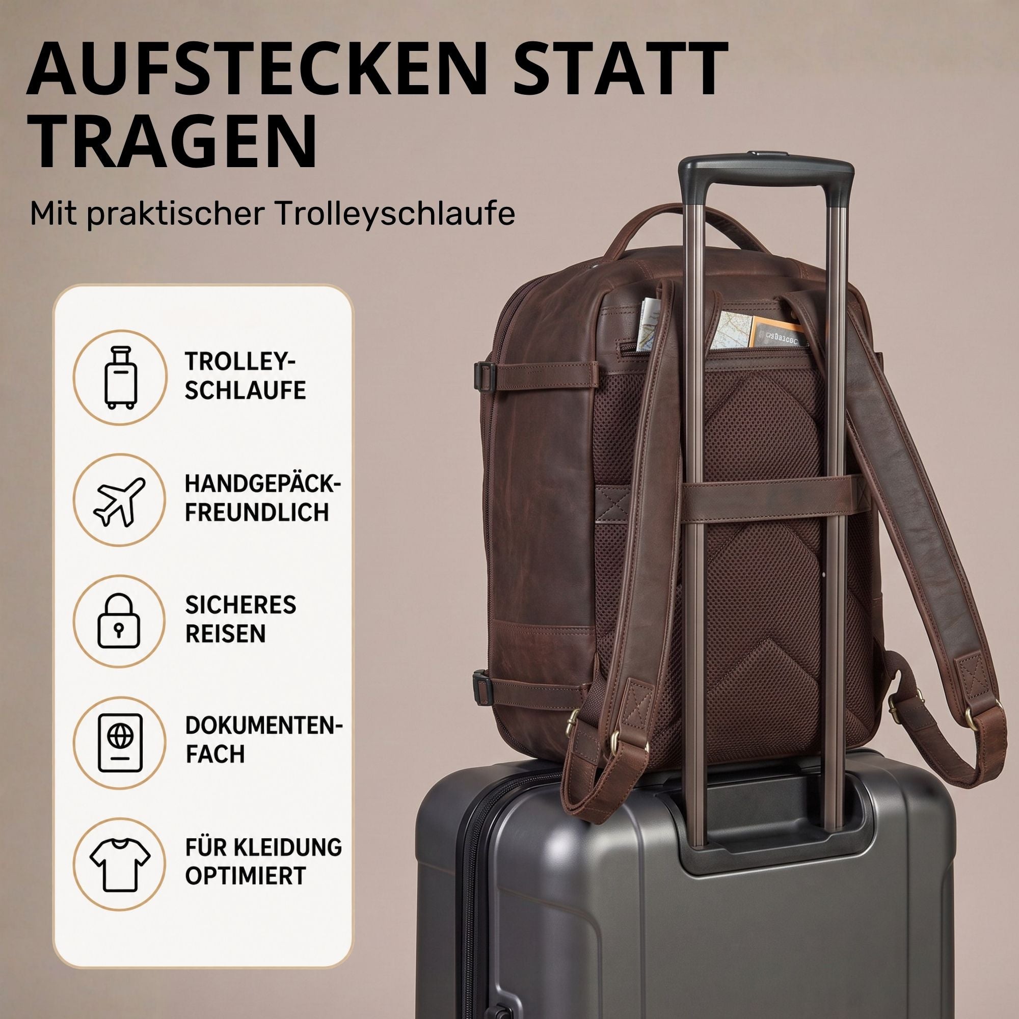 Brauner Leder-Reiserucksack, Rückansicht mit Trolleyschlaufe auf Koffer