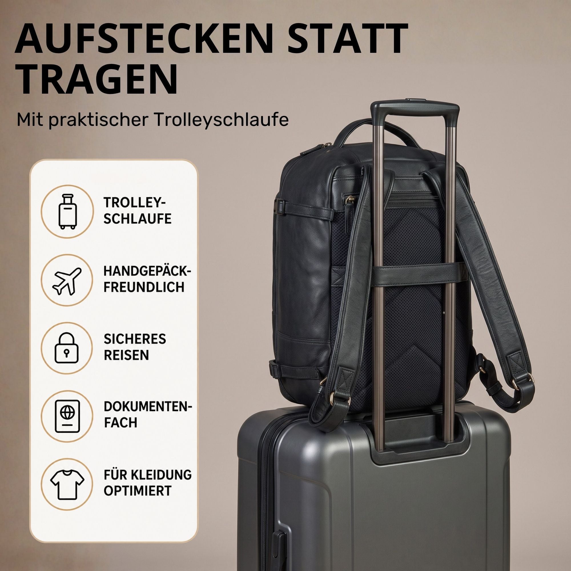 Schwarzer Lederrucksack auf Trolleygriff gesteckt, Rückseite mit Schultergurten, Reisekoffer-Detail