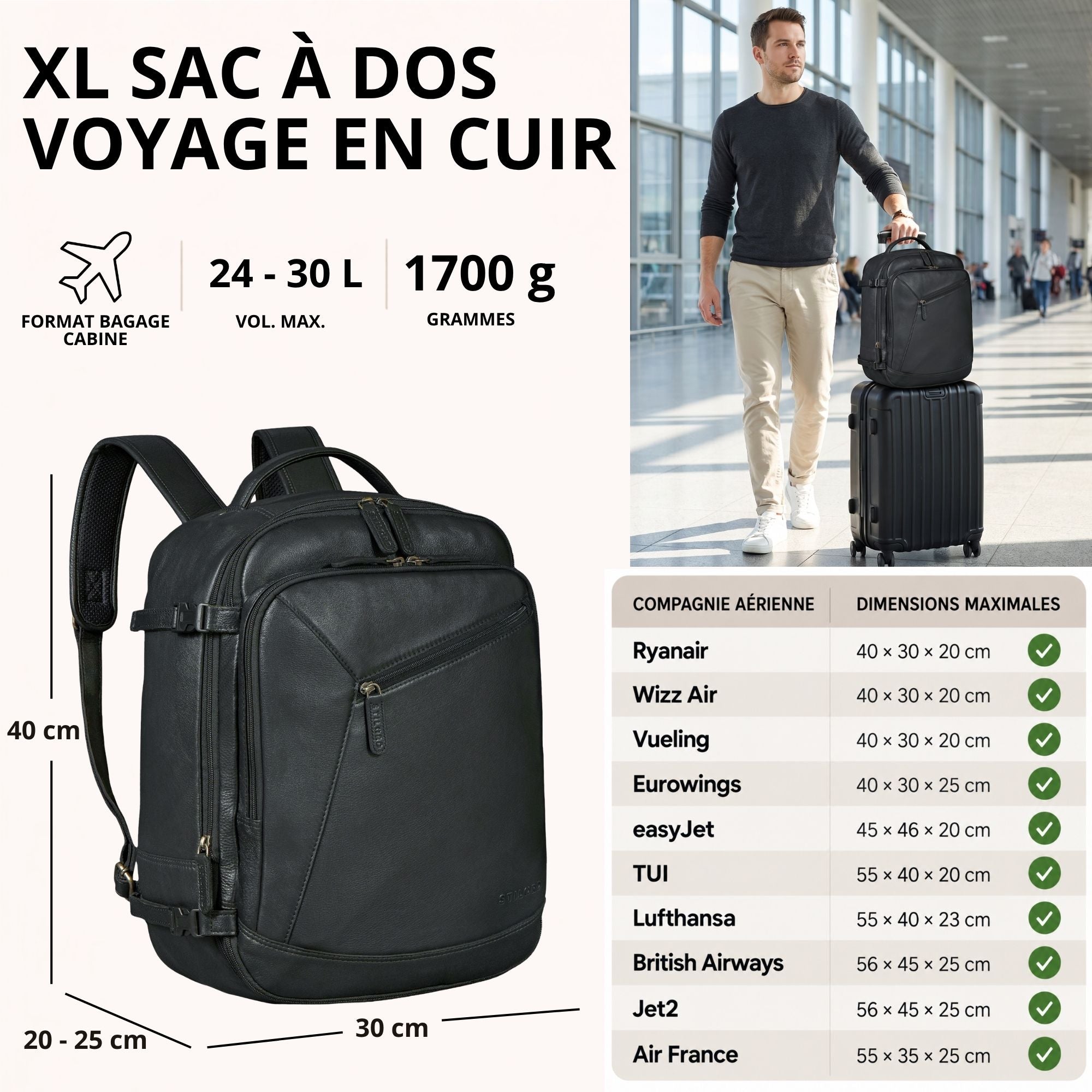 schwarzer Leder-Reiserucksack frontal mit Maßangaben links; rechts Mann im Flughafen mit Rollkoffer
