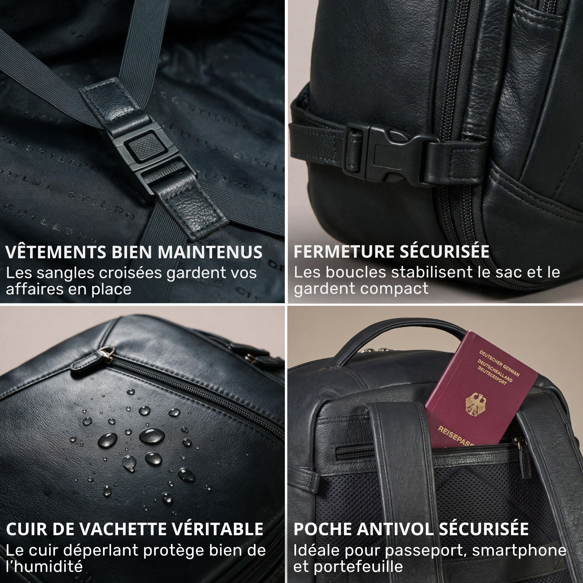 Schwarzer Lederrucksack, Collage: Innenriemen, Seitenverschluss, wasserabweisendes Leder mit Tropfen, versteckte Rückentasche mit Reisepass