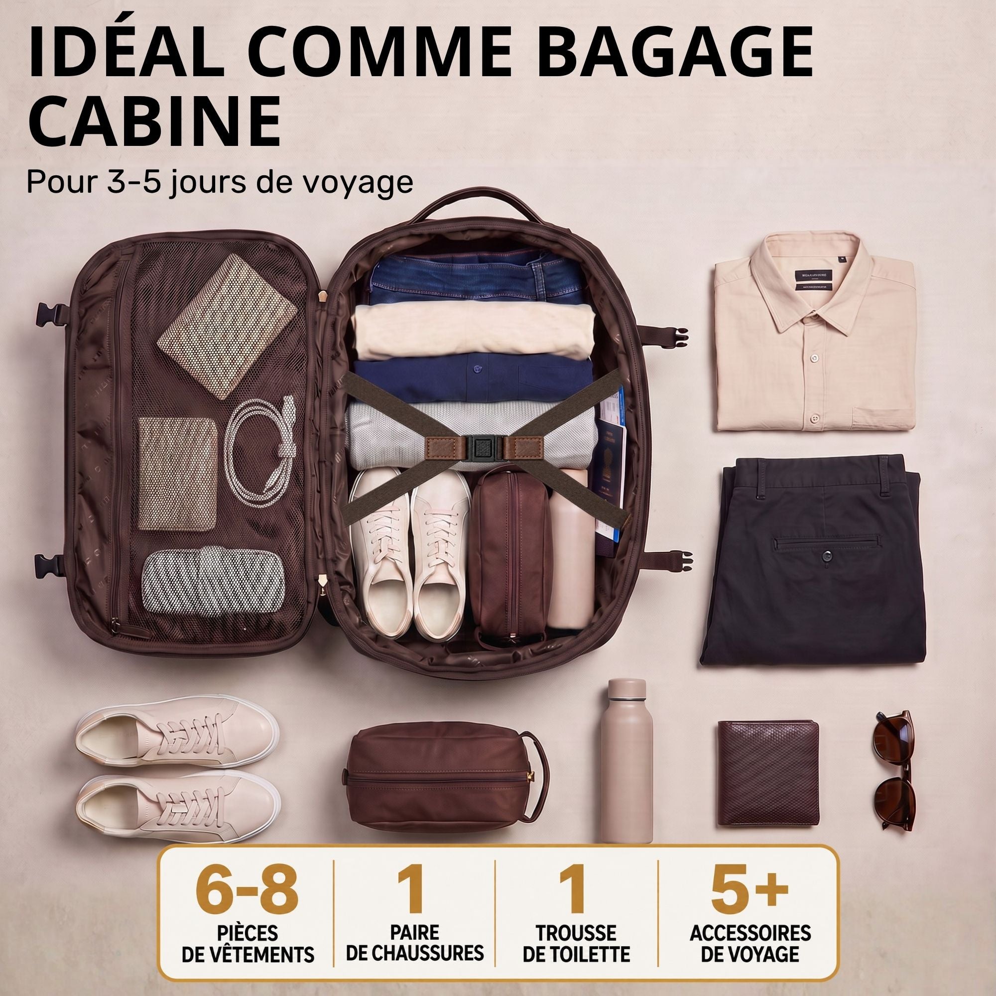 Offener 30L Rucksack zamora braun aus Leder, Draufsicht mit gepackter Kleidung, Schuhen, Kulturbeutel und Reise-Accessoires.