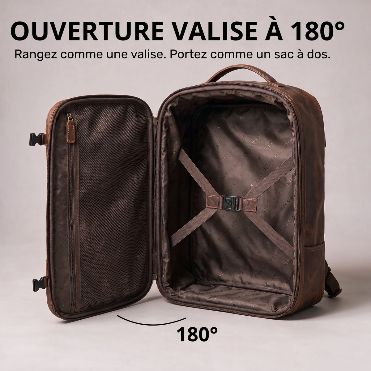 Dunkelbrauner Leder-Reiserucksack, 180° geöffnet, Innenraum mit Reißverschlussfach, Kreuzspanngurt und Tragegriff sichtbar