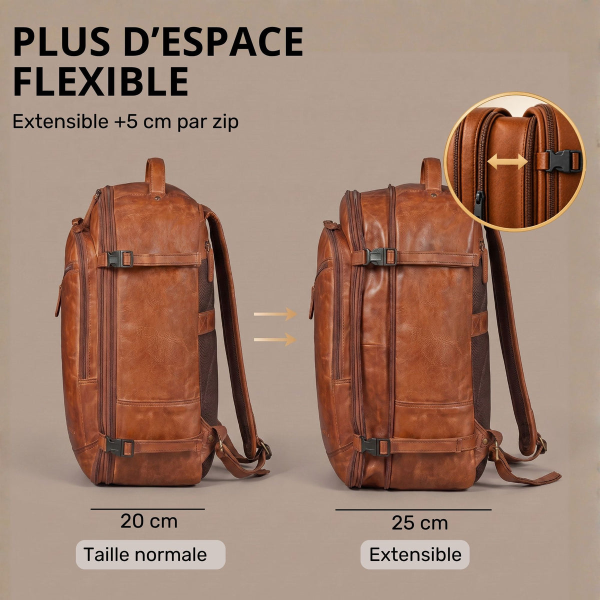 Zweimal gezeigter Leder-Rucksack in Cognac, Seitenansicht: normal 20 cm und erweiterbar 25 cm, Detail Reißverschluss
