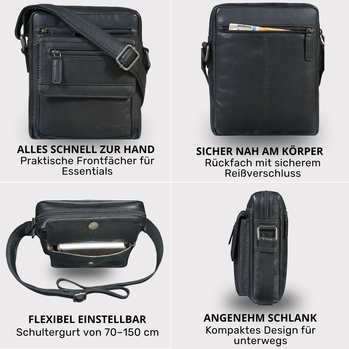 Kleine schwarze flache Umhängetasche aus Leder, Frontfächer mit Reißverschluss und Steckfach, verstellbarer Schultergurt, passt 8 Zoll Tablet