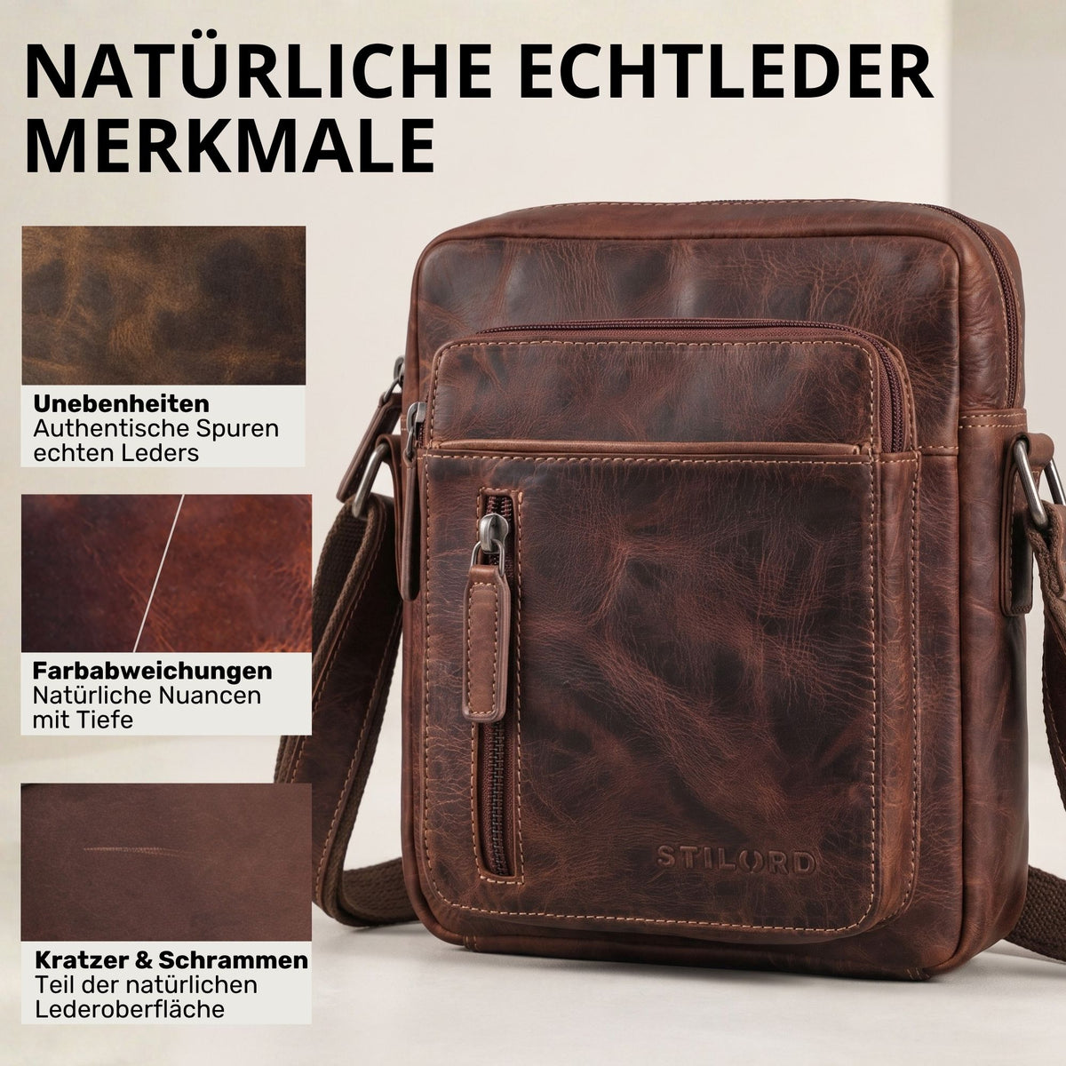 Kleine braune Dain Schultertasche aus echtem Leder, Frontansicht mit sichtbarer STILORD-Prägung und Detailfeldern zu Ledermerkmalen