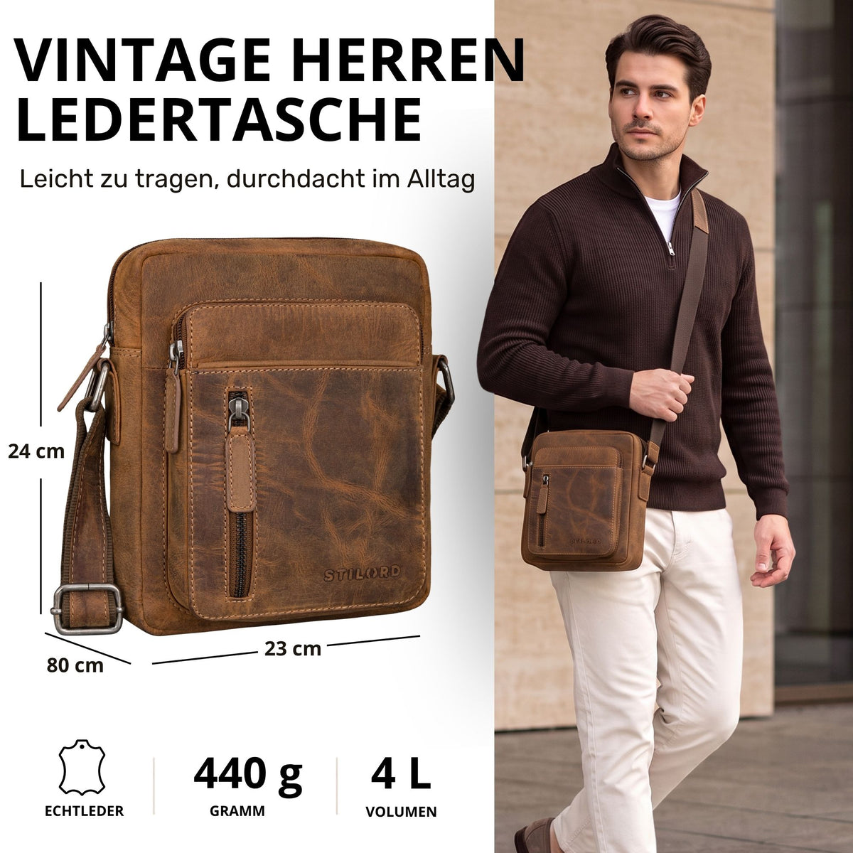 Kleine Herren-Schultertasche aus braunem Leder (bergamo), Vorderansicht mit Maßen, Modell trägt sie quer