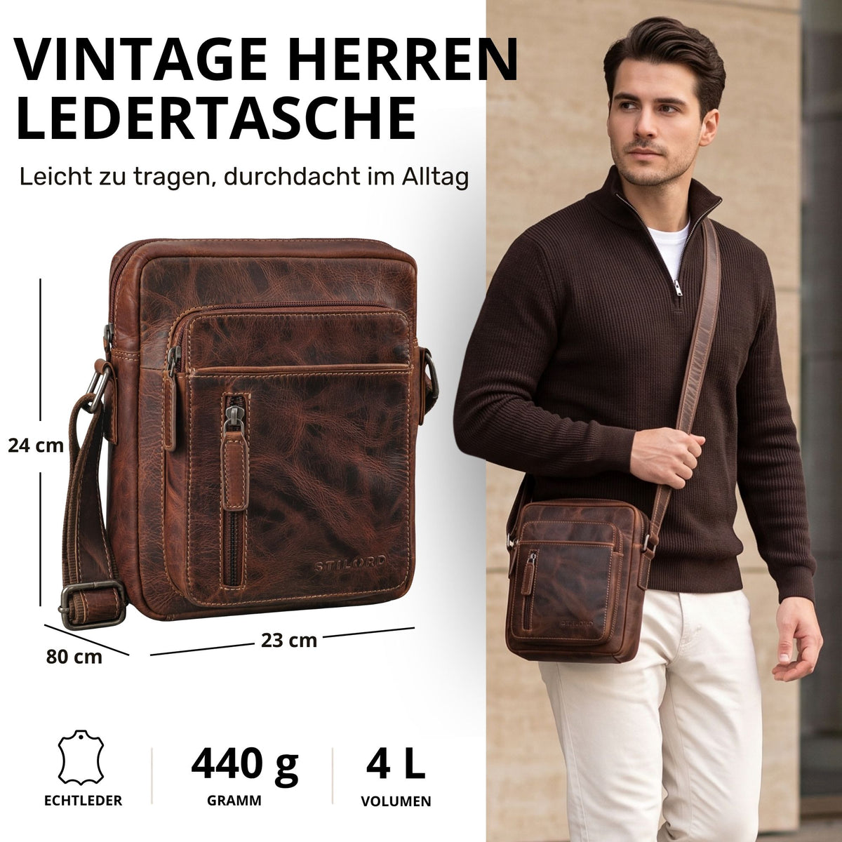 Kleine Herren-Umhängetasche aus braunem Leder, Frontansicht mit Maßangaben links, Modell trägt Tasche über der Schulter