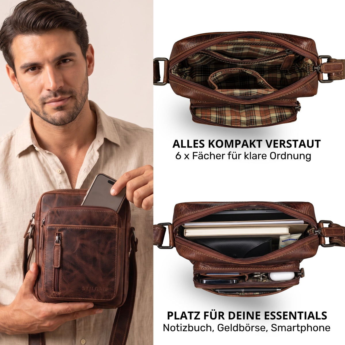 Kleine braune Leder-Schultertasche, Mann hält sie; zwei Innenansichten mit sechs Fächern, Notizbuch und Smartphone sichtbar