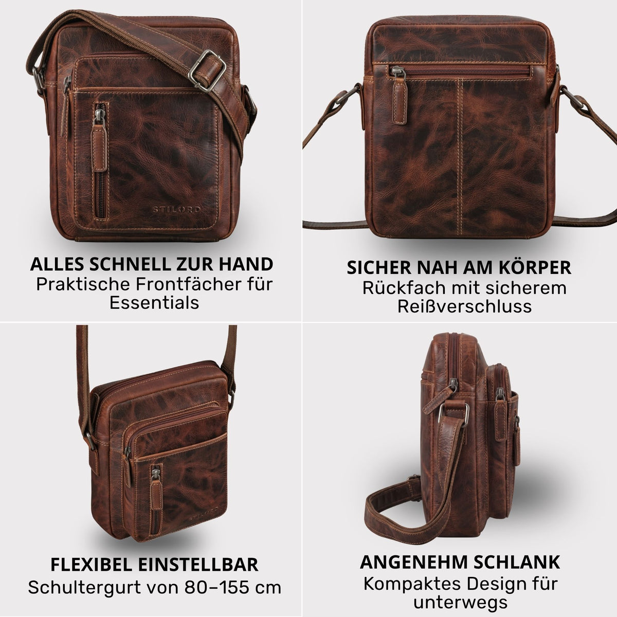 Kleine Schultertasche aus braunem Leder, Frontfach mit Reißverschluss, Rückfach, verstellbarer Schultergurt, schlankes Seitenprofil