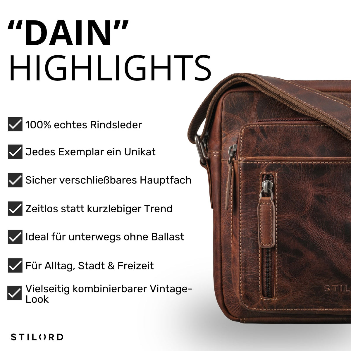 Kleine Herren-Schultertasche aus braunem Rindsleder, Frontreißverschluss, Schulterriemen, links Liste mit Highlights