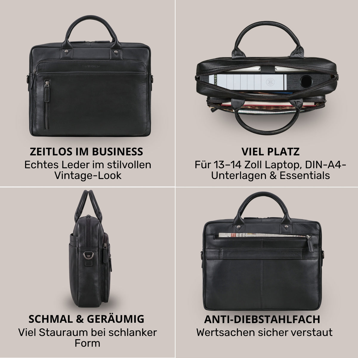 Leder Business-Tasche schwarz, Front, Top mit 13–14 Zoll Laptop, Seitenprofil, Rückseite mit Anti-Diebstahlfach und STILORD