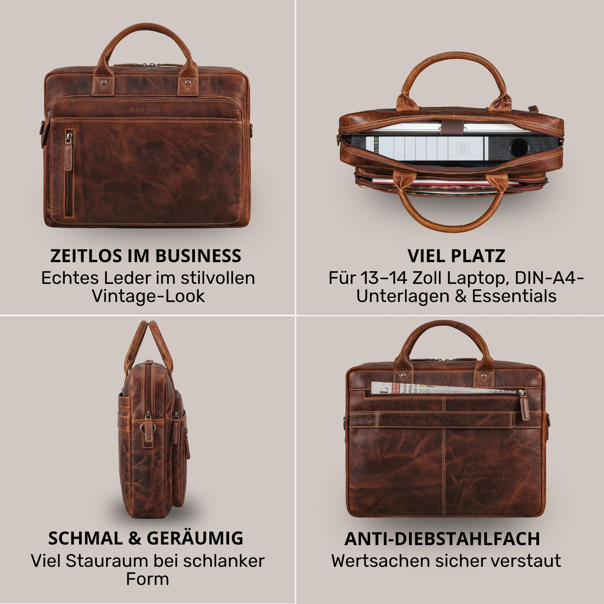 Braune Leder-Business-Tasche Salerno in vier Ansichten: Front, oben mit 13–14 Zoll Laptop, Seitenprofil, Rückseite mit Anti-Diebstahlfach