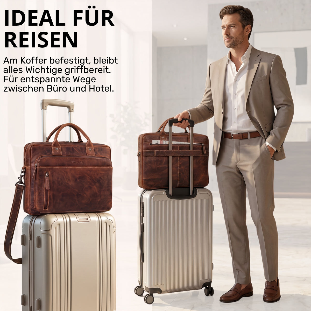 Leder-Business-Tasche Salerno braun mit Laptopfach, auf Rollkoffer gesteckt, Vorderansicht, Mann im Anzug im Hintergrund