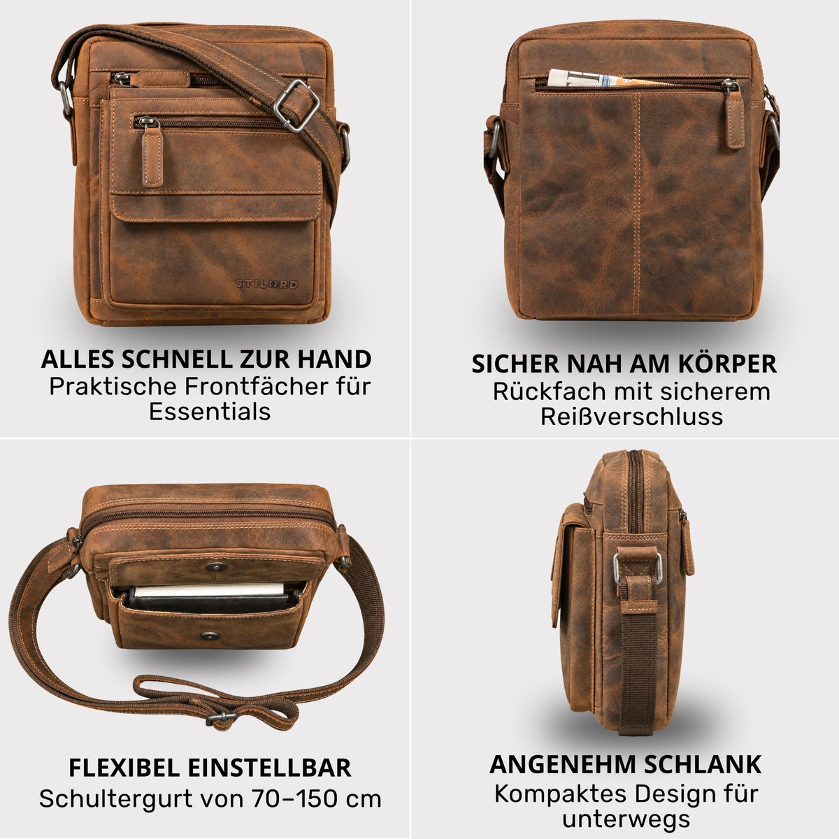 Kleine flache Umhängetasche aus bergamo-braunem Leder, Vorder-, Rücken- und Seitenansicht, verstellbarer Schultergurt, 8-Zoll-Tablet passend