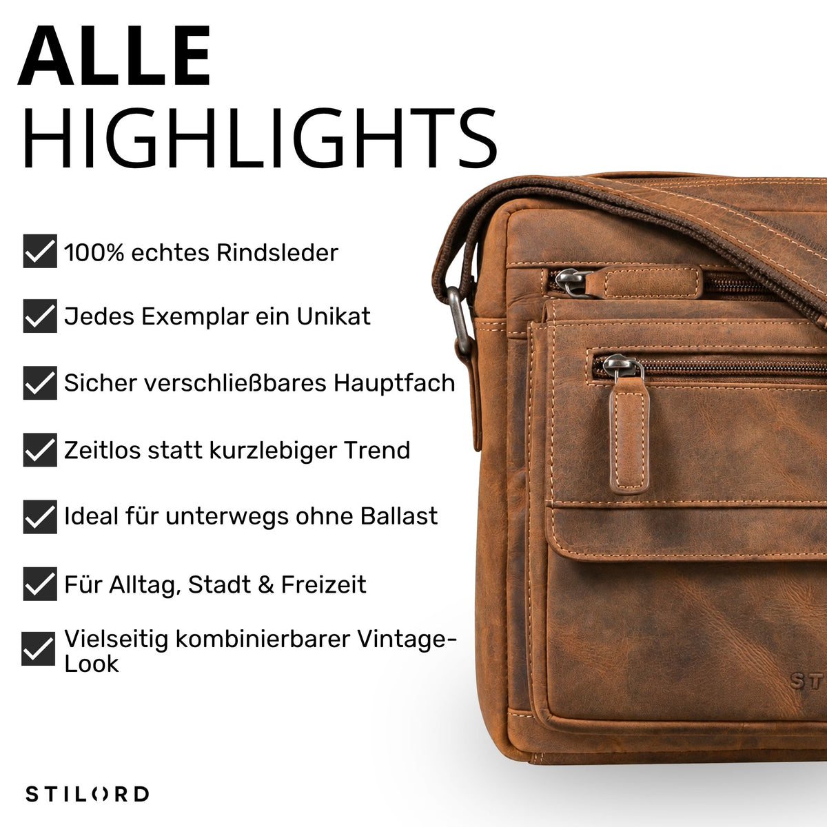 Kleine flache Umhängetasche aus Rindsleder in Braun (Bergamo), Vorderansicht mit Reißverschlusstaschen, passend für 8-Zoll Tablet