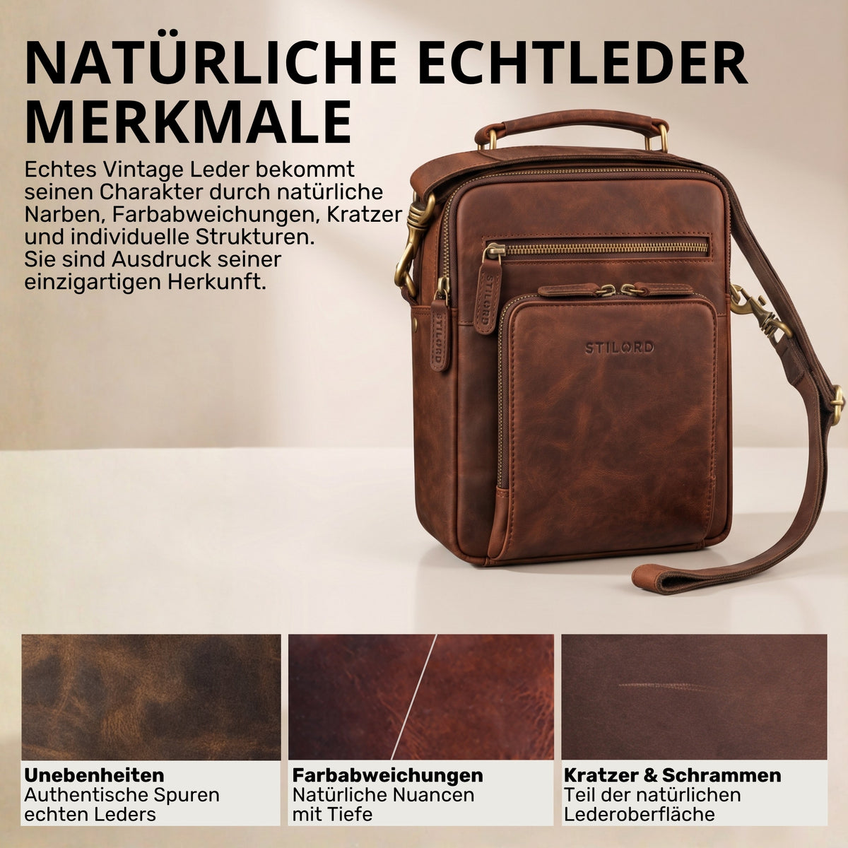 Kleine Herren-Umhängetasche aus Vintage-Rindsleder, braun zamora, Henkel, Schultergurt, Fronttasche mit STILORD-Prägung