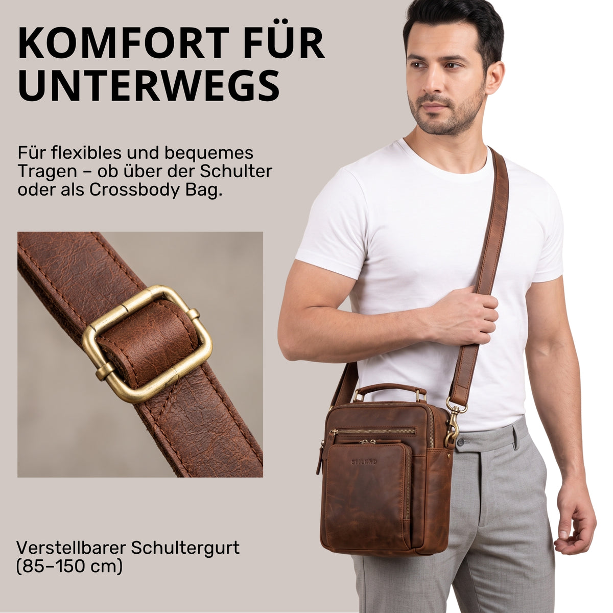 Kleine Umhängetasche aus braunem Leder mit Henkel und verstellbarem Schultergurt, getragen crossbody, STILORD-Prägung sichtbar