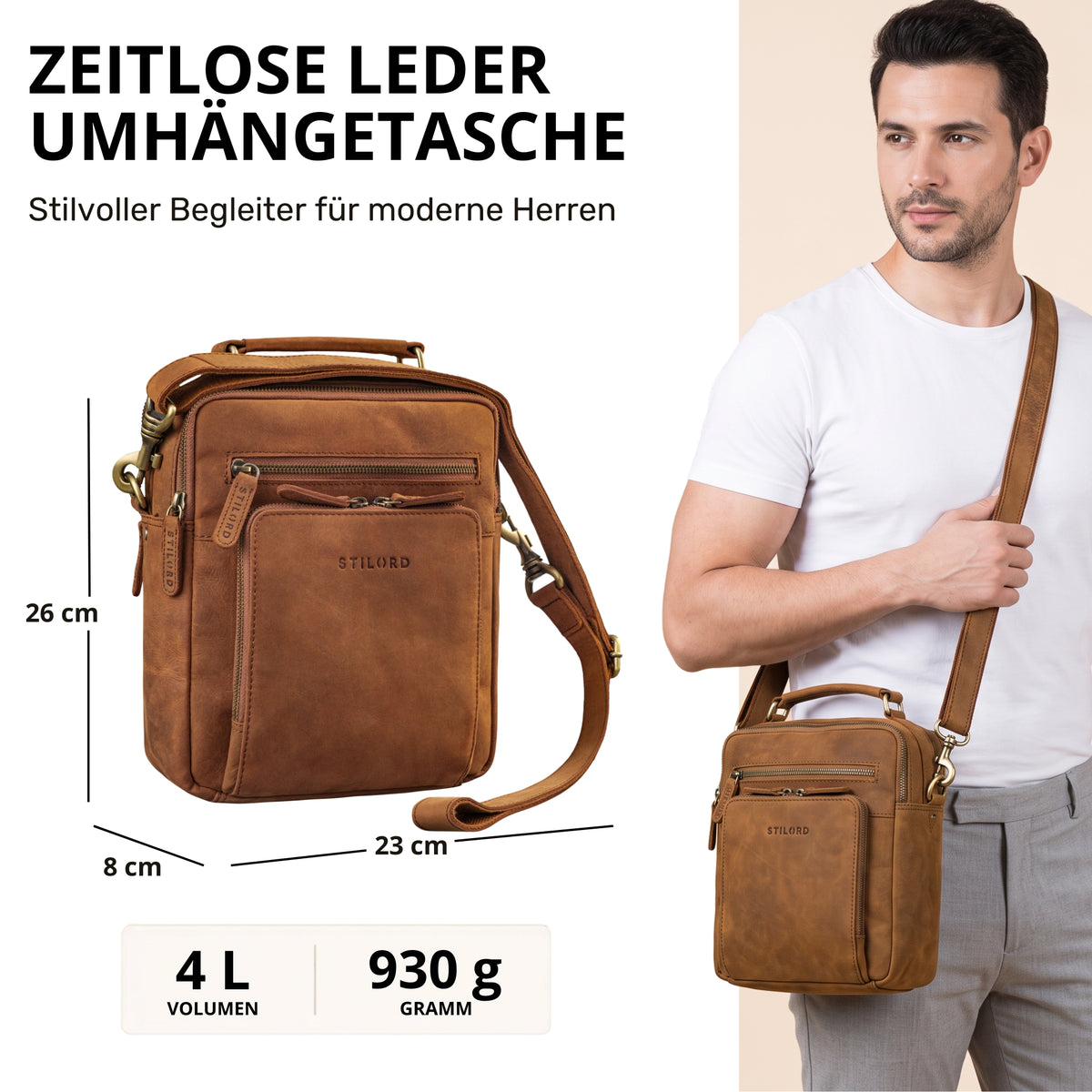 Kleine Leder-Umhängetasche tan mit Henkel, Frontfach mit STILORD-Prägung, Frontansicht und Modell trägt sie quer