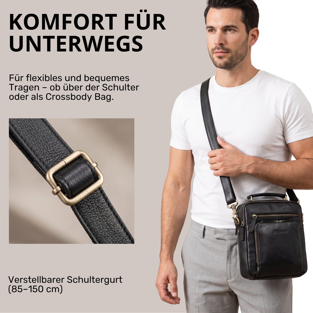 Kleine schwarze Umhängetasche aus genarbtem Leder mit Henkel und verstellbarem Schultergurt, Mann trägt sie crossbody