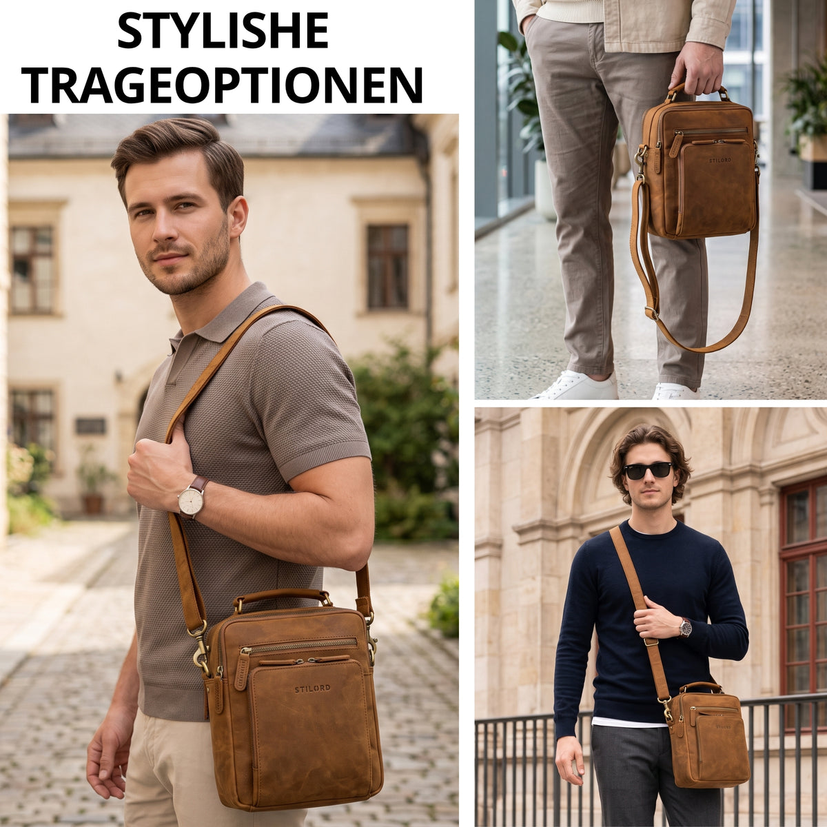 Kleine Herren-Umhängetasche aus tan-braunem Leder, getragen quer und in der Hand, sichtbare STILORD-Prägung