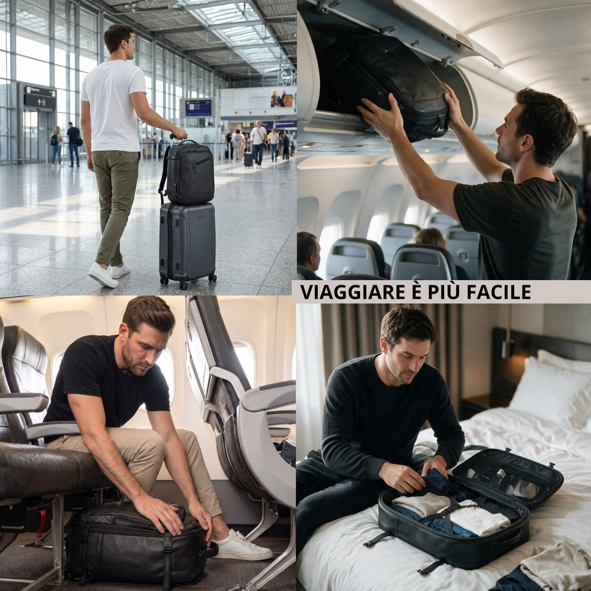 Collage: schwarzer Kabinenrucksack in vier Szenen — Flughafen, Gepäckfach, Flugzeugsitz und beim Packen im Hotel