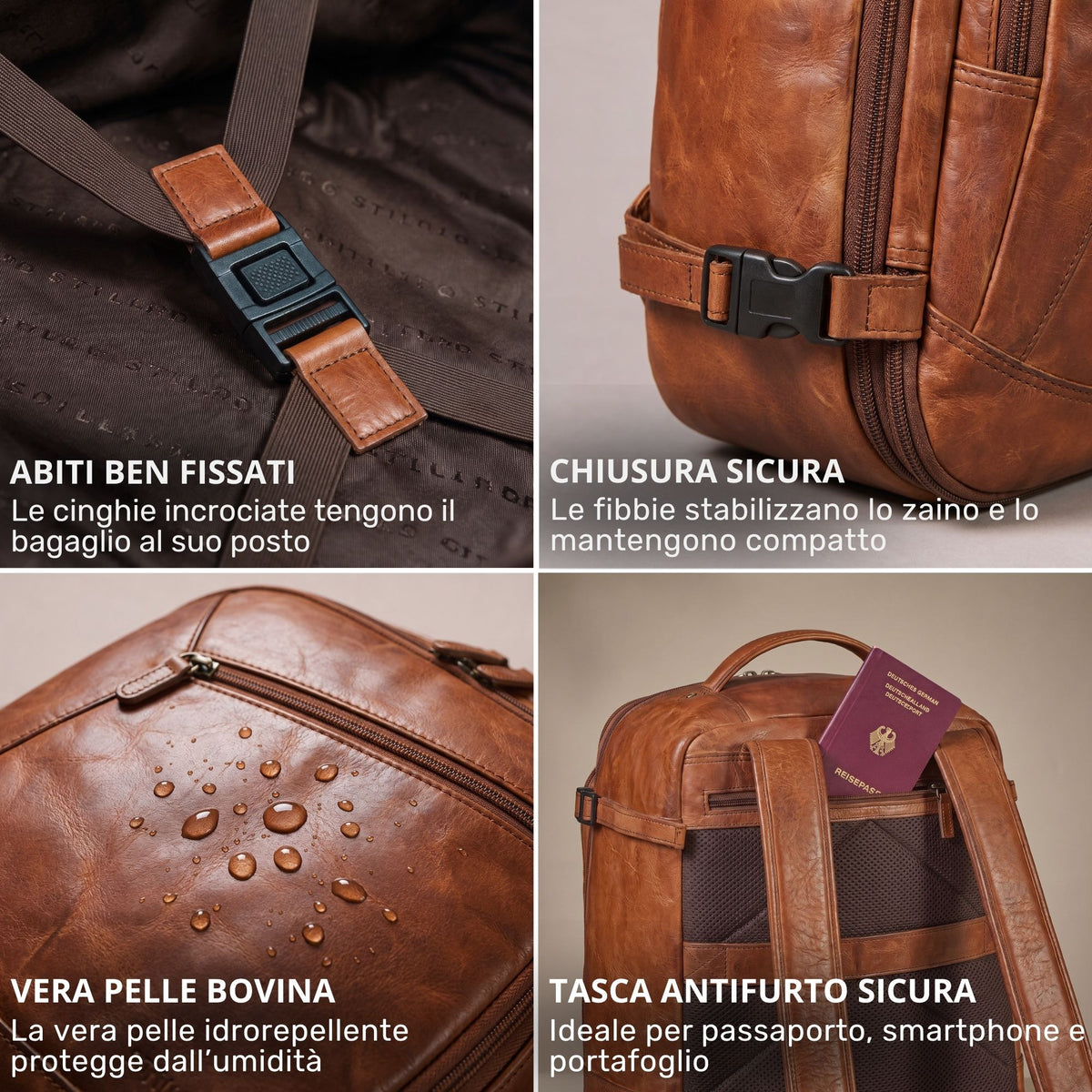 Cognacfarbener Leder-Reiserucksack, Nahaufnahmen von Schnallen, Seitenriemen, wasserabweisender Oberfläche und Diebstahlsfach mit Reisepass