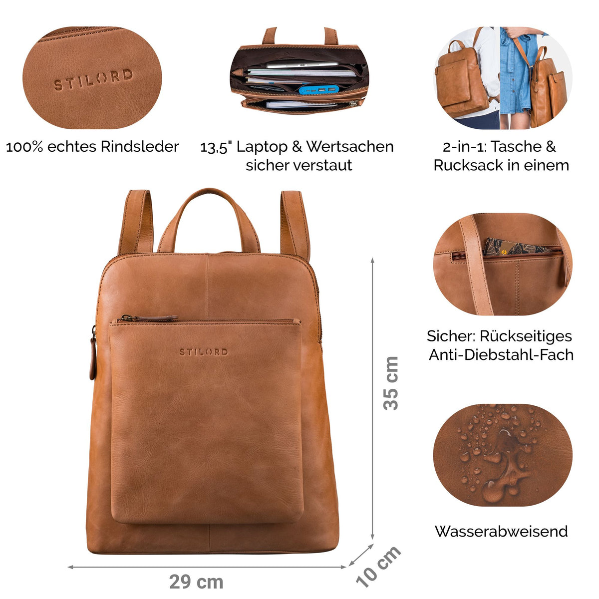 damen handtasche leder rucksack 2 in 1 braun