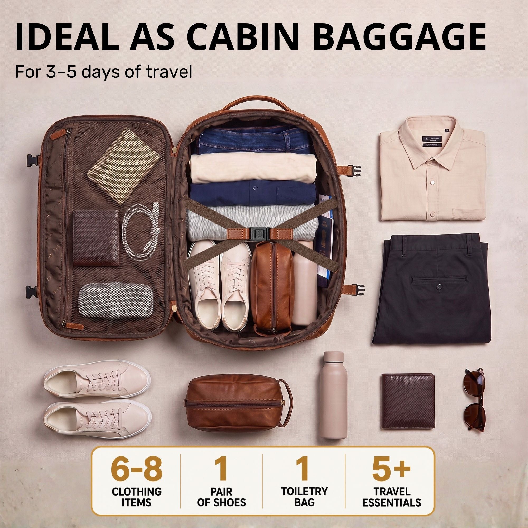 Offener Cognac-Leder Reiserucksack, Draufsicht, mit ordentlich gepackten Kleidungsstücken, Schuhen und Reise-Accessoires