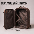 brauner Rucksack aus Leder offen mit 180° Kofferöffnung, Innenraum mit Kreuzspanngurt und Reißverschlussfach