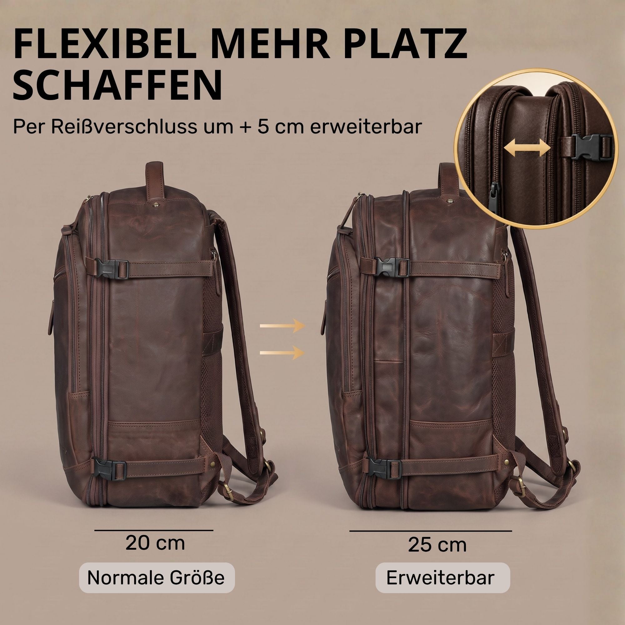 Brauner Leder-Reiserucksack (zamora), Seitenansicht, per Reißverschluss um 5 cm erweiterbar, Detail-Zoom auf Zipper