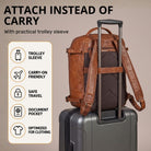 Cognacfarbenes Leder-Cabinrucksack von hinten auf Reisekoffer befestigt, Tragegurte und Trolley-Sleeve sichtbar
