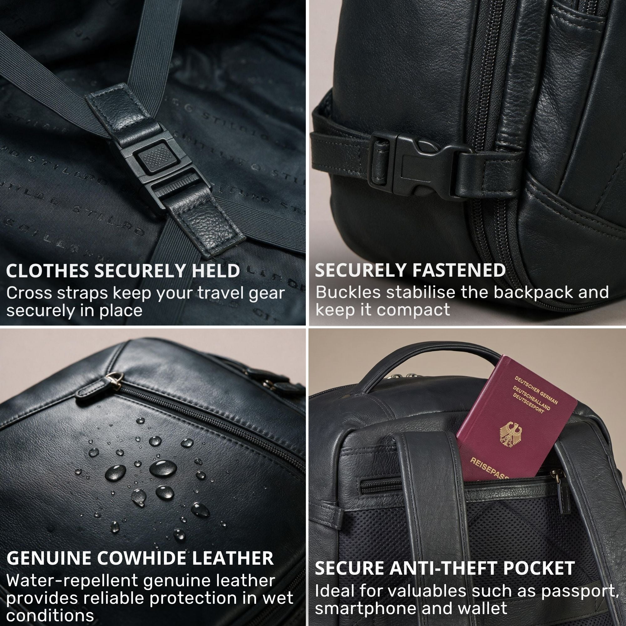 Schwarzer Leder-Rucksack Details: Kreuzgurte, Seiten-Schnalle, wasserabweisendes Leder, Anti-Diebstahlfach mit Reisepass