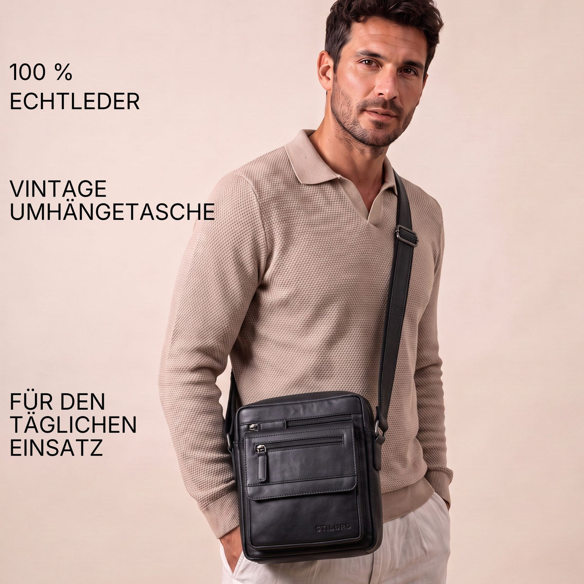 Flache Umhängetasche aus schwarzem Leder, am Mann getragen, sichtbare Fronttaschen mit Reißverschlüssen, geeignet für 8-Zoll-Tablet