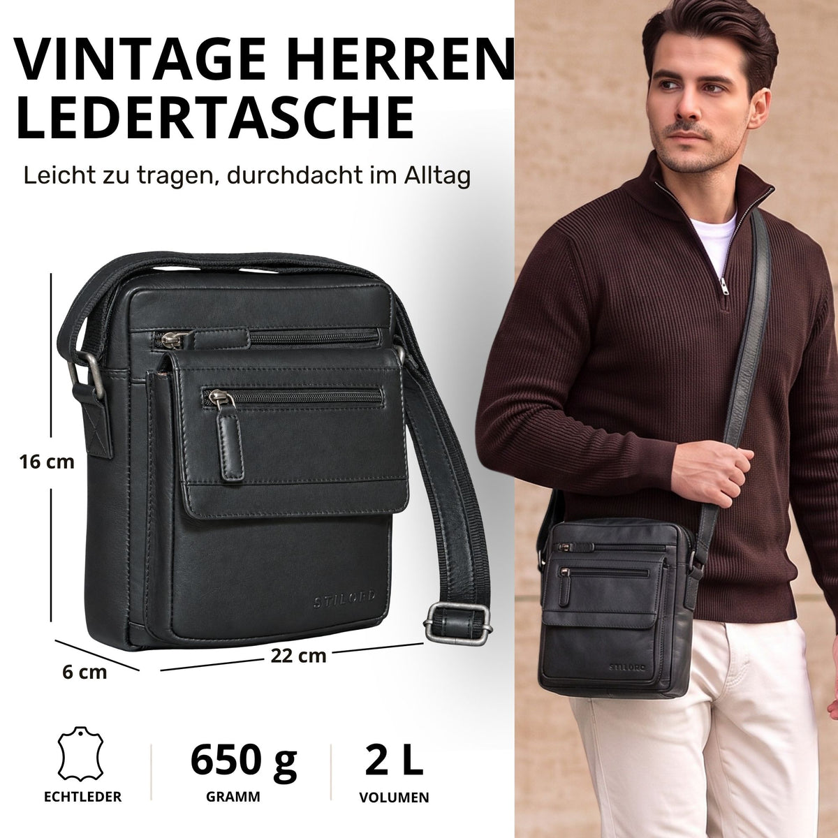Kleine flache Herren-Umhängetasche aus schwarzem Leder, Fronttaschen, Maße 22×16×6 cm, Modell trägt sie quer