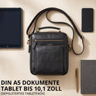 Kleine schwarze Umhängetasche aus Leder mit Henkel, gepolstertes Tabletfach bis 10,1 Zoll, DIN A5, Prägung STILORD sichtbar