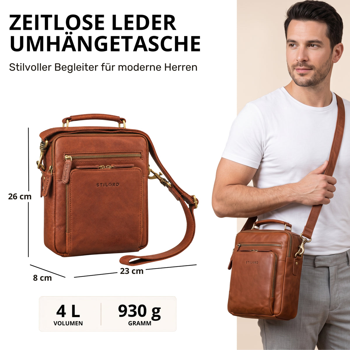 Kleine Leder-Umhängetasche maraska braun, STILORD-Prägung, Maße 26×23×8 cm, passt 10,1 Zoll Tablet und A5