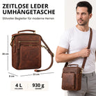 Kleine Leder-Umhängetasche Zamora braun mit Henkel, Fronttasche und STILORD-Prägung, Maße 23×26×8 cm, Mann trägt sie lässig